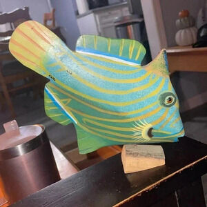 Tropical hand painted wood fish art decor